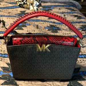 Karlie Medium Pebbled and Snake Embossed Leather Satchel